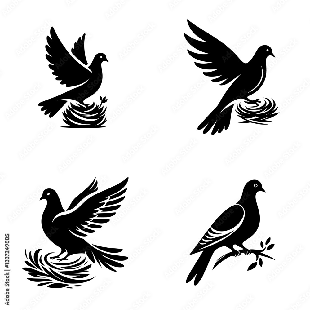 Fototapeta premium Beautiful collection of flying dove and pigeon silhouettes with intricate feather details, ideal for nature lovers, tattoo artists, and wildlife enthusiasts