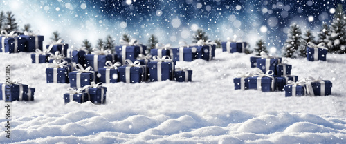 blue gift boxes in snowy wi...