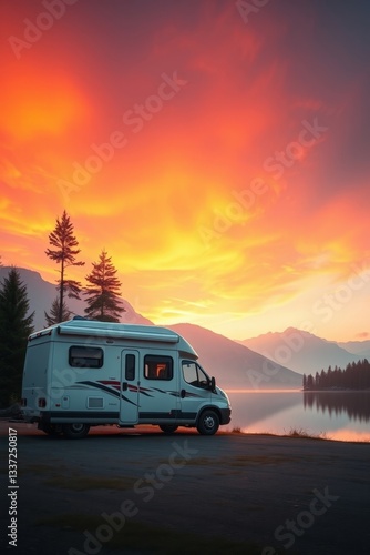 Majestic sunset glow over tranquil lake with campervan parked against vibrant sky