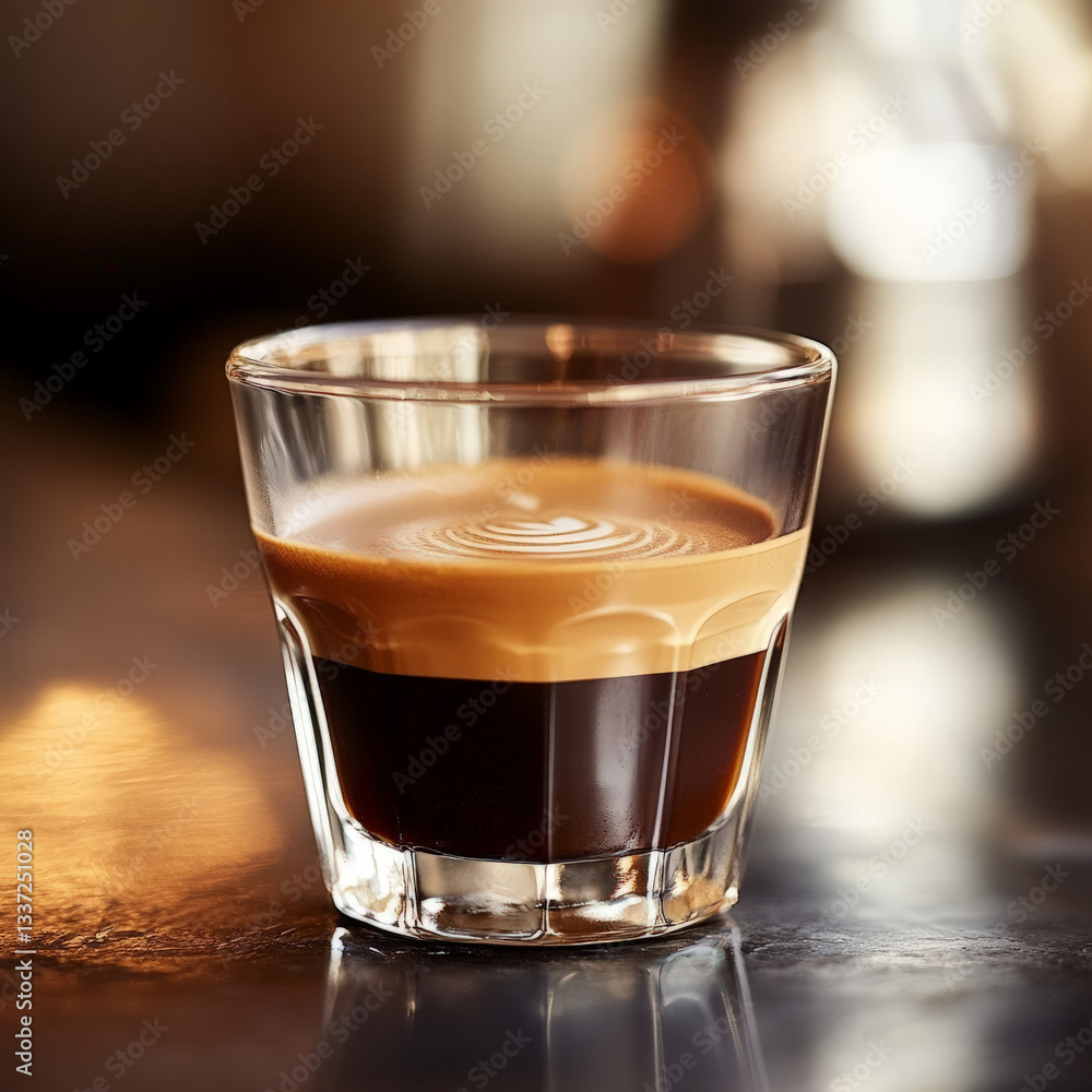 Clear Glass of Espresso Coffee with Rich Brown Liquid and a Thick Layer of Crema on Top, Showcased in a Minimalist Style Clear Glass of Espresso Coffee with Rich Brown Liquid and a Thick Layer of Crema on Top, Showcased in a Minimalist Style