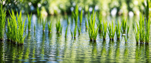 young green rice plants gro...
