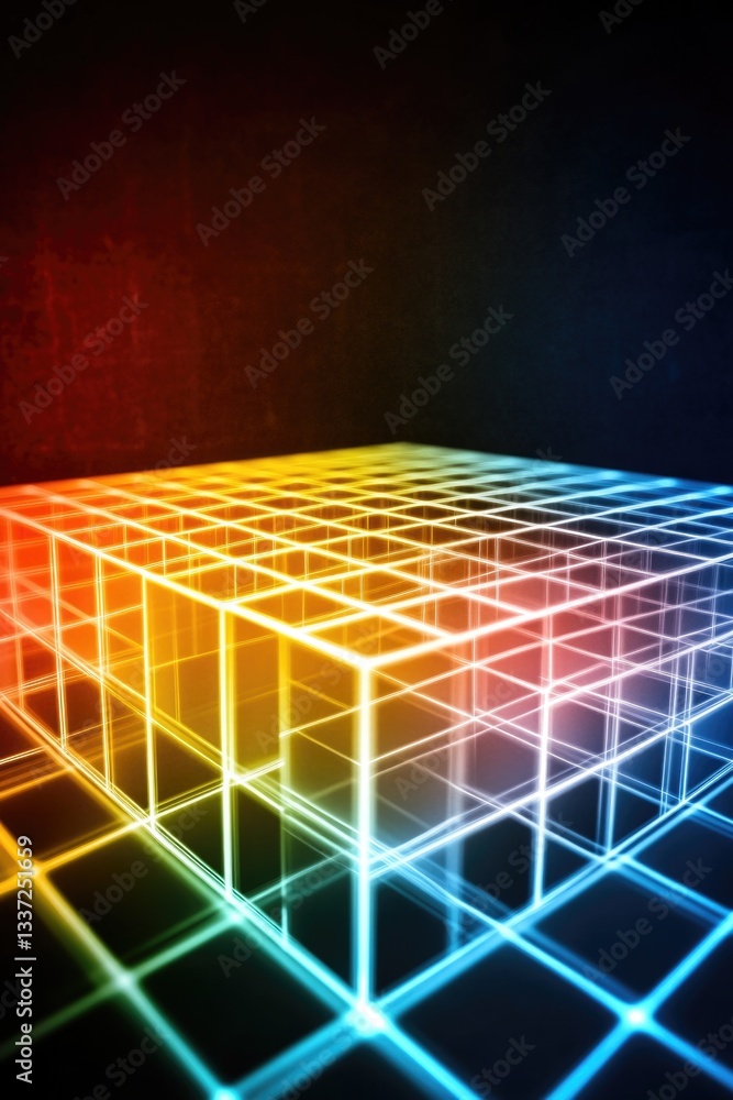 Obraz premium Colorful neon grid cube with glowing abstract geometric patterns