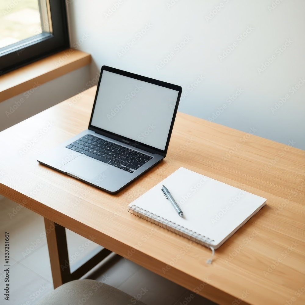 Modern workspace with minimalistic design featuring a laptop and notebook during daylight hours Modern workspace with minimalistic design featuring a laptop and notebook during daylight hours