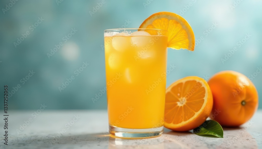 Fototapeta premium Glass of bubbly orange cocktail garnished with orange slice, illustration, orange