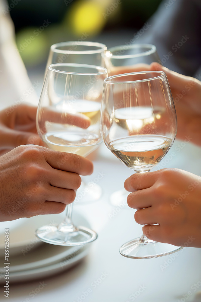 Obraz premium close up of toast, people clinking glasses of white wine at party