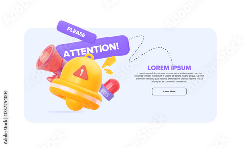 3D template with a bell, megaphone, SOS sign, and a Learn More button. Vector creative banner concept for emergency notifications, urgent messages, warnings, announcements and attention 