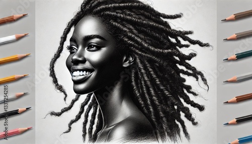 Illustrative portrait of a smiling woman with curly hair, surrounded by colored pencils, showcasing artistic tools and creativity.