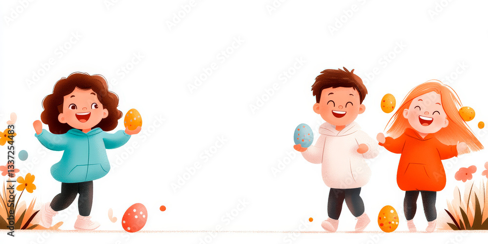 Three Happy Children Running And Playing With Colorful Easter Eggs In A Bright Outdoor Setting, Surrounded By Flowers. Ideal For Easter Promotions, Holiday Advertising, And Seasonal Marketing Campaign Three Happy Children Running And Playing With Colorful Easter Eggs In A Bright Outdoor Setting, Surrounded By Flowers. Ideal For Easter Promotions, Holiday Advertising, And Seasonal Marketing Campaign
