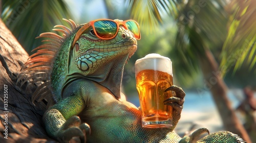 Green iguana with orange sunglasses relaxing on a tree branch, holding a glass of beer, enjoying the tropical beach view