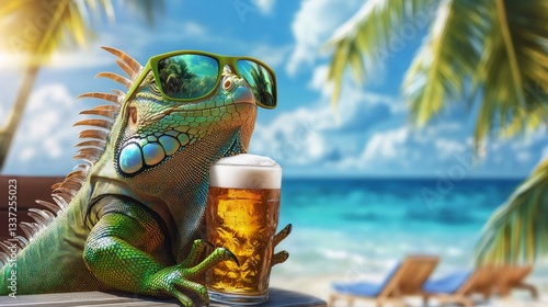 Tropical green iguana wearing sunglasses, relaxing with cold beer under palm trees during sunny beach day