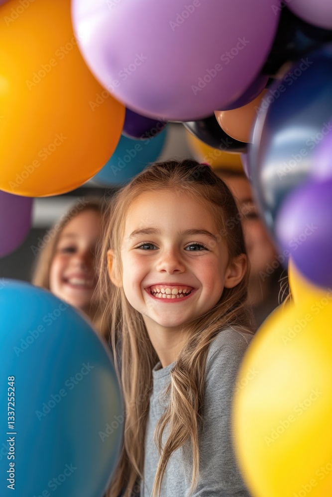 Obraz premium Smiling caucasian young girl surrounded by colorful balloons at a celebration