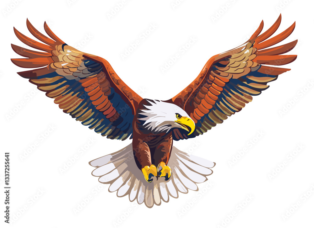 Naklejka premium Attacking eagle with spread wings, dynamic lines and intense contrast.