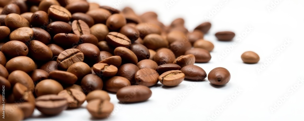 Roasted coffee beans scattered on white, close-up, robusta, beans Roasted coffee beans scattered on white, close-up, robusta, beans