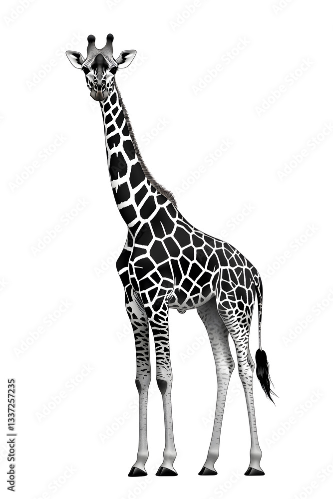Naklejka premium Black and white Standing Giraffe vector style illustration isolated on white background 