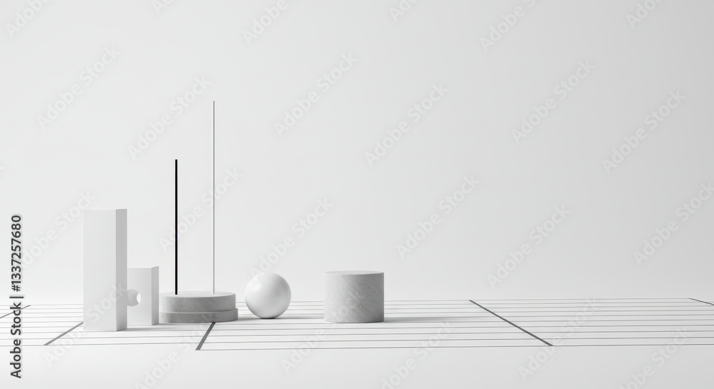 Fototapeta premium Minimalist geometrical composition in white backdrop, abstract art installation for product placement background, architectural concept for graphic design & banner.