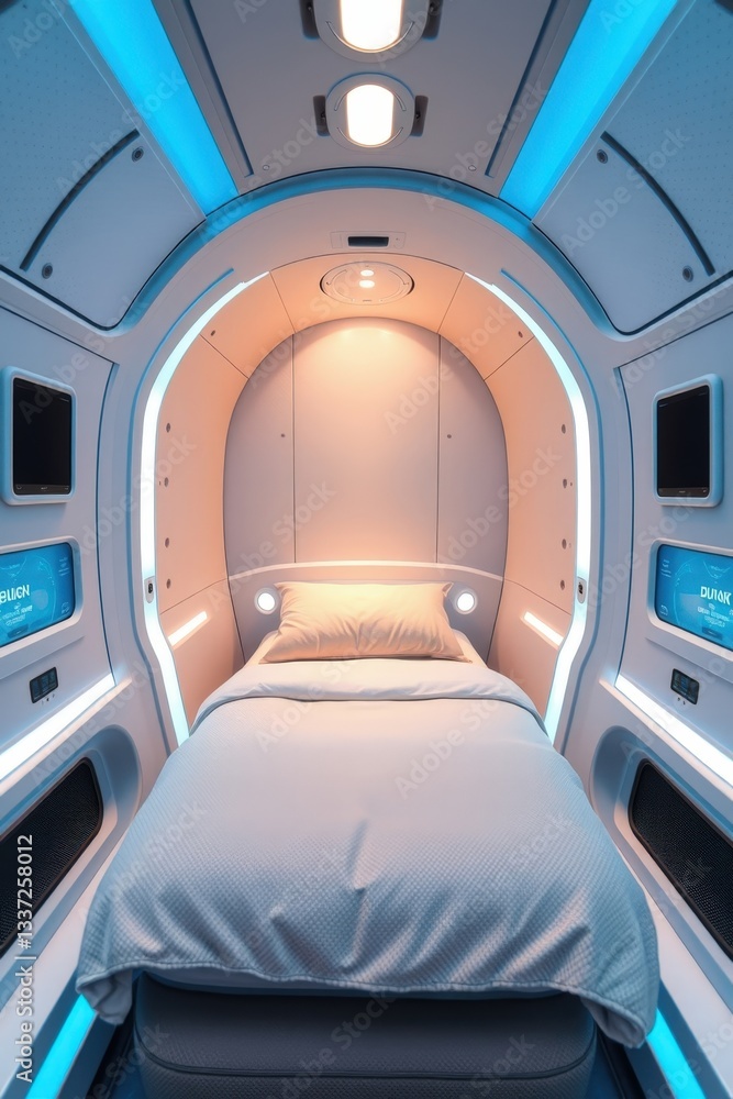Obraz premium Futuristic sleeping pod design featuring soft lighting in a cozy, compact space for rest and relaxation