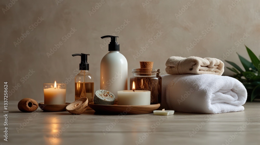 Spa composition with body care items on a light wall. Spa composition with body care items on a light wall.