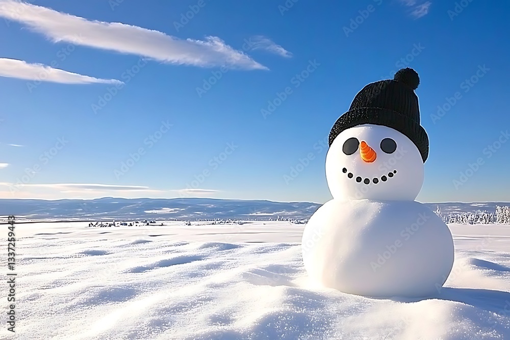 Obraz premium Sunny Snowman in Snowy Winter Landscape.