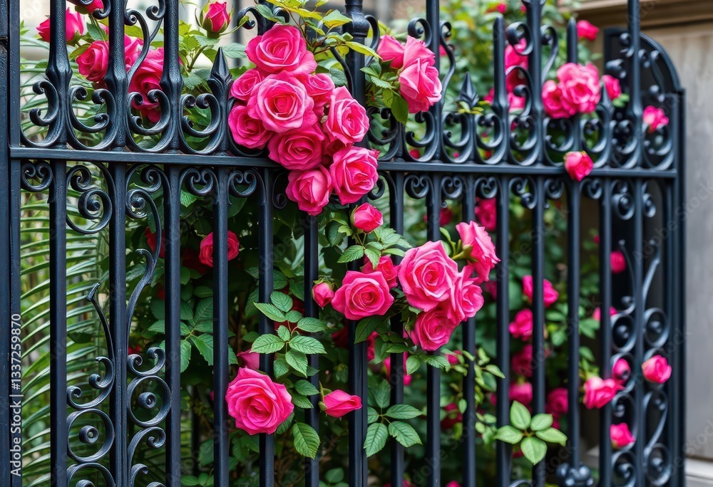 Obraz premium Elegant iron fence with intricate floral scrollwork, climbing roses visible, roses, springtime
