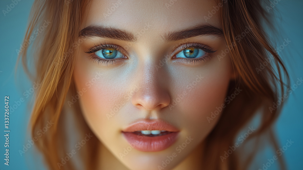 custom made wallpaper toronto digitalYoung woman with natural makeup and green eyes against teal background looking directly at camera, perfect for beauty industry and skincare advertising