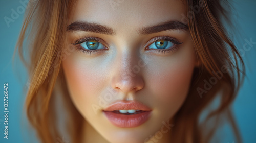 Wallpaper Mural Young woman with natural makeup and green eyes against teal background looking directly at camera, perfect for beauty industry and skincare advertising Torontodigital.ca