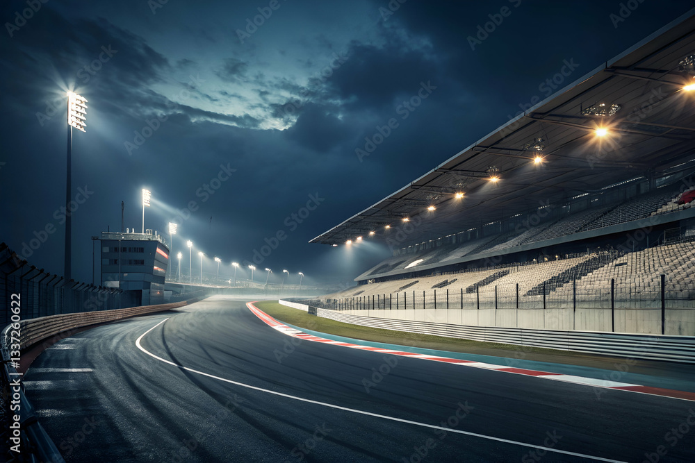 Scenic Night View of a Formula Racing Circuit Featuring Track, Grandstands, and Dramatic Sky with Clouds and Floodlights Illuminating the Arena Scenic Night View of a Formula Racing Circuit Featuring Track, Grandstands, and Dramatic Sky with Clouds and Floodlights Illuminating the Arena
