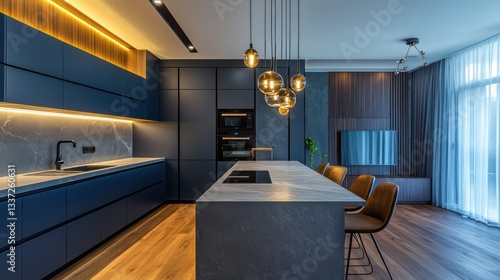 A modern kitchen featuring dark blue cabinets and a light gray marble countertop
