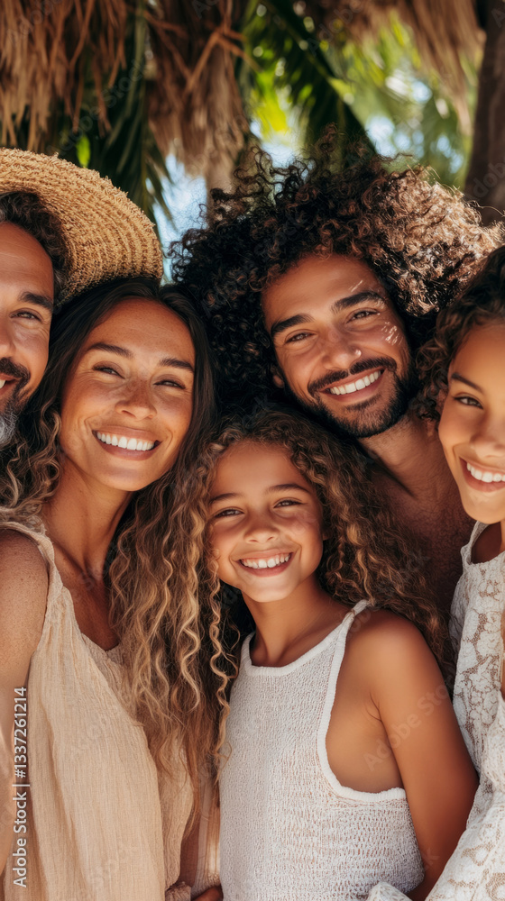 Fototapeta premium Intergenerational family smiling together in nature setting, embracing diversity and bonding moments