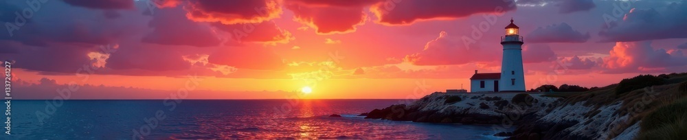 Fototapeta premium Solitary Formentera lighthouse against dramatic sunset sky, red, evening