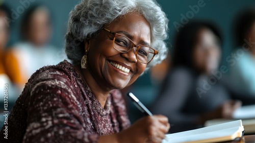 Smiling older woman taking notes in a classroom