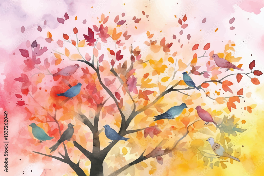 Obraz premium Watercolor Vector Background With Birds | Hand-Painted Wall Mate