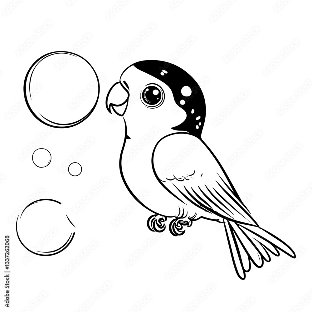 playful baby parrot blowing delicate soap bubbles, fascinated by their shiny reflections, Flat vector, black outline playful baby parrot blowing delicate soap bubbles, fascinated by their shiny reflections, Flat vector, black outline