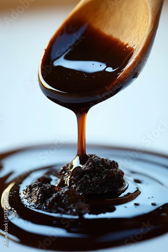 A close-up of shilajit dissolving, captured with a wooden spoon dripping the dark resin onto a glossy surface