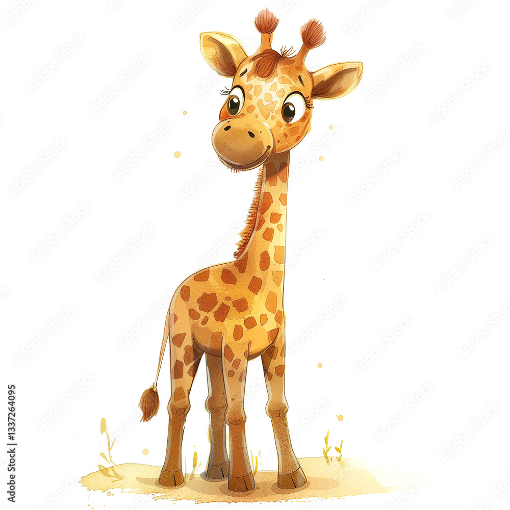 Fototapeta premium Cute cartoon giraffe, watercolor safari animal illustration with white background