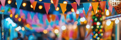 colorful flags hanging above a festive nighttime party with bright bokeh lights creating an upbeat vibe copyspace concept of event promotion, holiday celebration