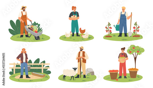 Various characters engage in essential farm activities such as harvesting crops, tending to animals, and planting seeds, creating a lively atmosphere in a rural setting