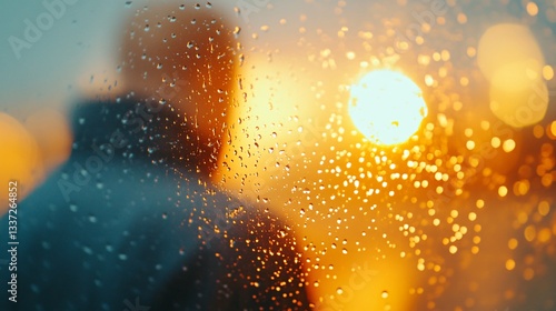 Contemplative figure gazing at sunset, solitary person with shaved head, reflections of light creating a serene atmosphere.