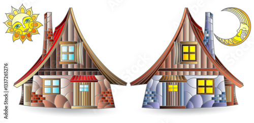 A set of stained glass illustrations with rustic houses, houses isolated on a white background