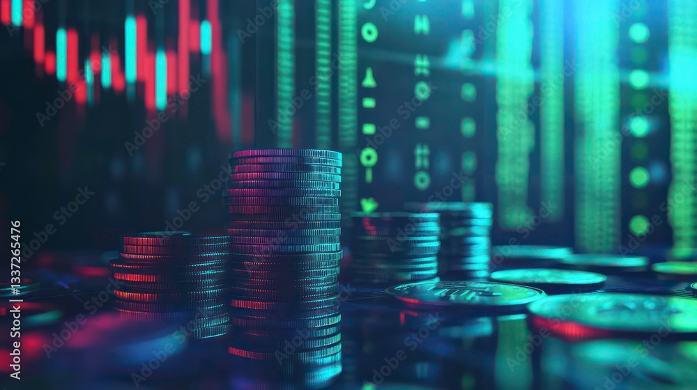 Fototapeta premium Growing money, finance and investment. Coins stack the growth comparative year 2024 to 2025 with a green success graph in 2025. business growth, profit, development and investment growth of a new year
