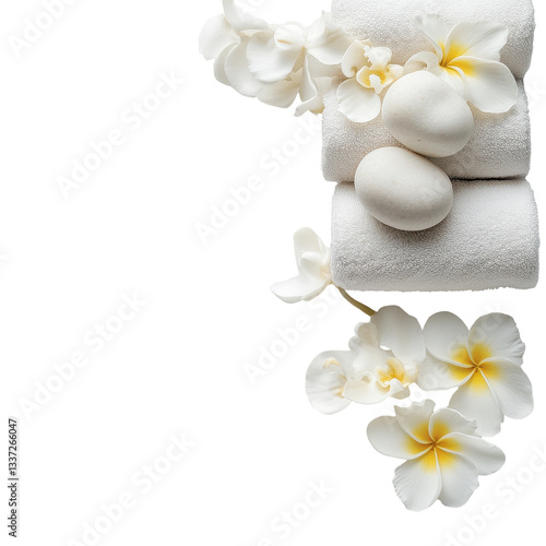Relaxation area featuring towels, stones, and flowers on a clean Transparent background for a spa experience, Spa and Wellness ting, PNG background