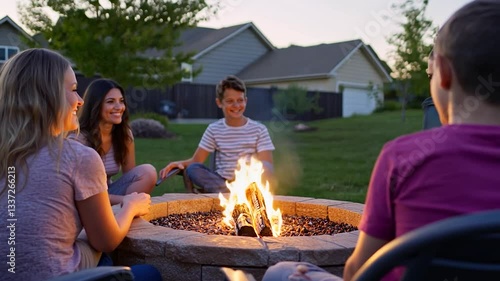Friends gathering around a fire pit in a backyard during sunset, enjoying a cozy evening
