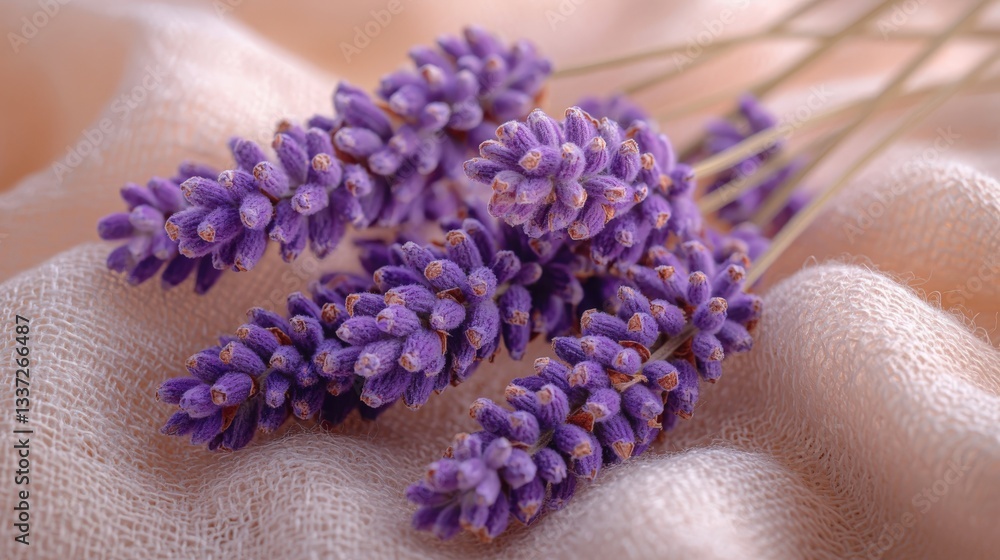 Delicate dried lavender flowers resting on soft linen creating a calming display Delicate dried lavender flowers resting on soft linen creating a calming display