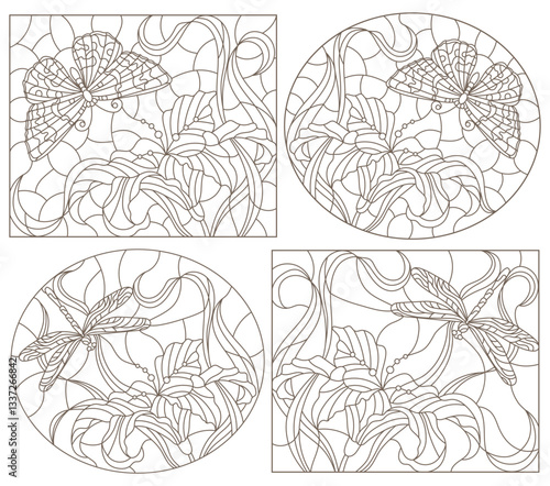 A set of contour illustrations of stained glass windows with butterflies, dragonflies and lily flowers, compositions isolated on a white background