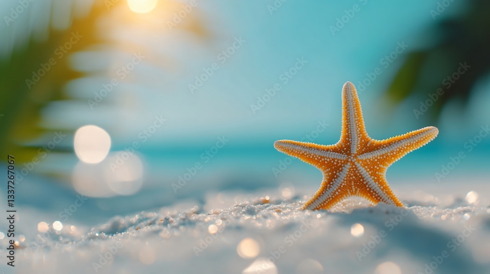 Starfish on sandy beach, vibrant colors of ocean and sunlight, evokes relaxation and summer vibes, perfect for travel promotions. Starfish on sandy beach, vibrant colors of ocean and sunlight, evokes relaxation and summer vibes, perfect for travel promotions.