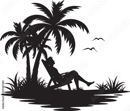 Relaxing Woman in Chair Under Palm Trees by Water
