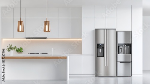 A pristine white minimalist kitchen with natural wood accents and stainless steel appliances