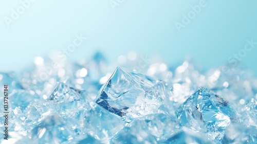 Ice cubes scattered on a soft blue background, vibrant cold ambiance, perfect for beverage themes and summer refreshment.