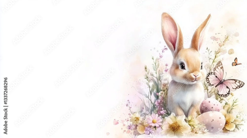 cartoon rabbit with a flower and butterfly, an Easter-themed watercolor illustration for a kids' background cartoon rabbit with a flower and butterfly, an Easter-themed watercolor illustration for a kids' background