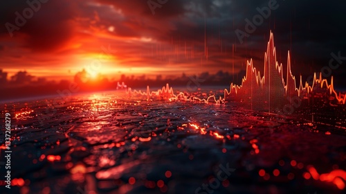 Financial Crisis, Economic Downturn Concept. Loss Graph on Cracked Earth, Fiery Sky Background.