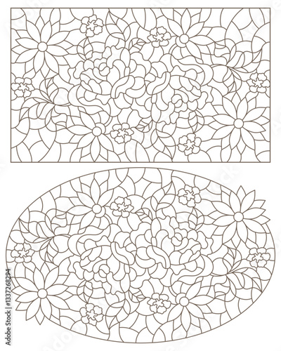 A set of contour illustrations in the style of stained glass with floral arrangements, isolated on a white background